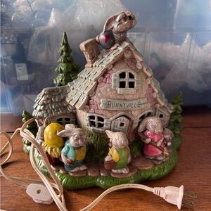 Vintage Ceramic Hand-Painted "Bunnyville" Easter Lighted Cottage